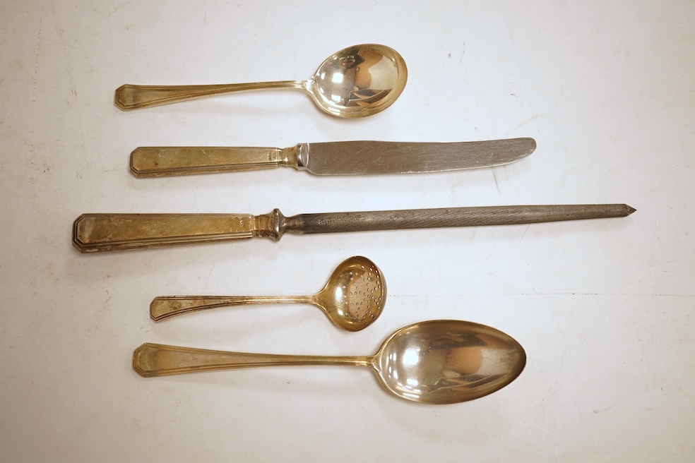 An Elizabeth II part canteen of silver cutlery, by Mappin & Webb, comprising six of the following, tablespoons, table forks, dessert spoons, soup spoons dessert forks, coffee spoons, teaspoons, grapefruit spoons, fish fo